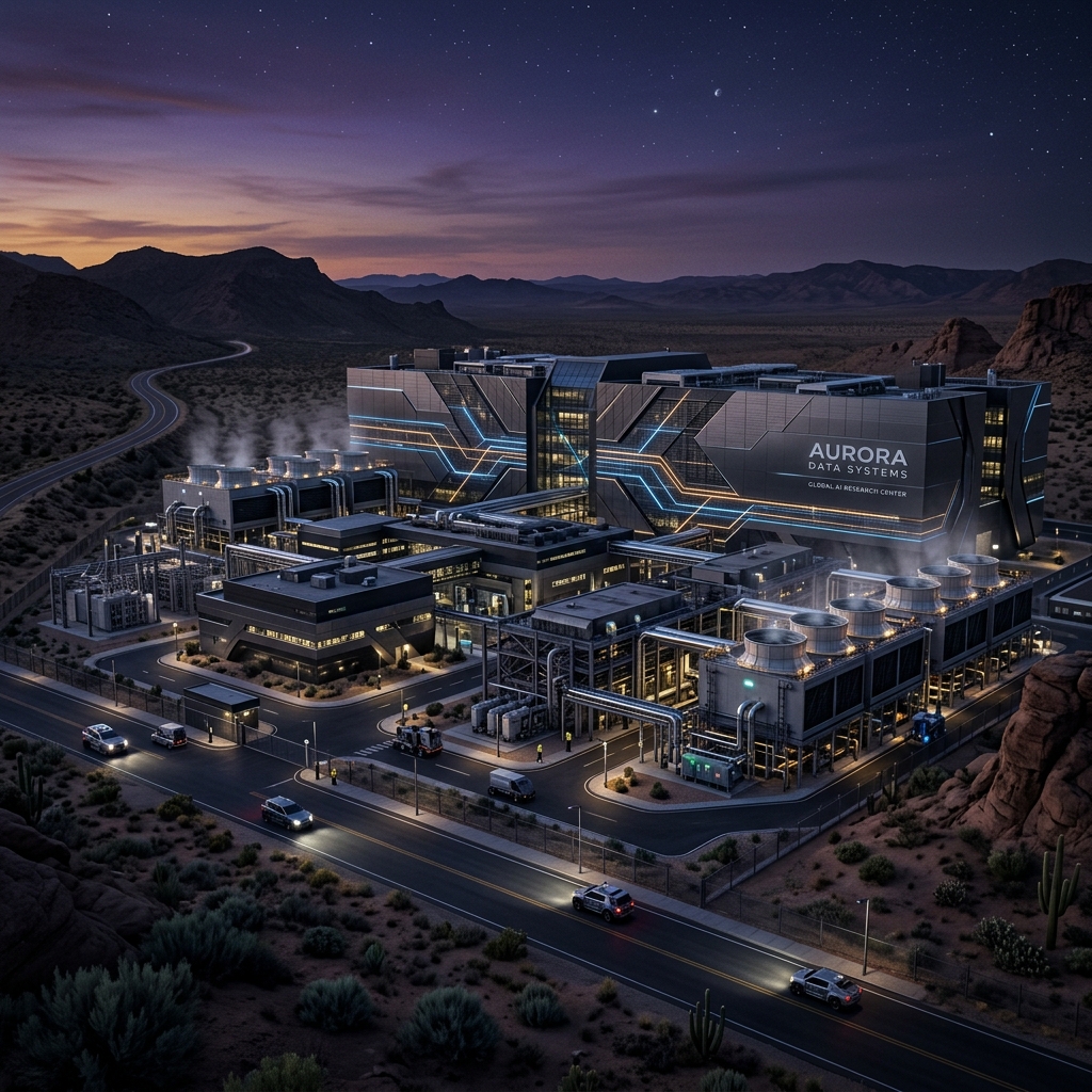 Futuristic AI Data Center Campus at Twilight