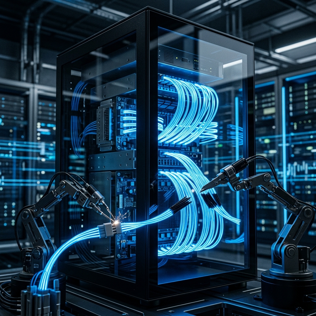 Futuristic server rack with robotic arms pruning cables