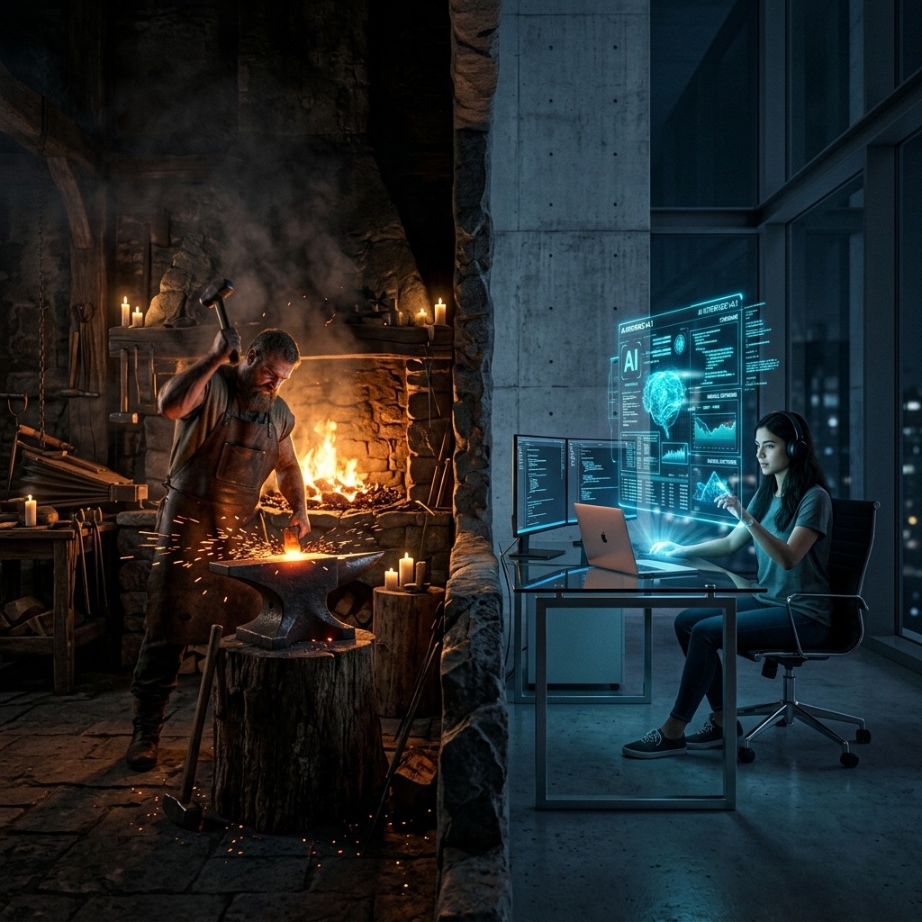 Medieval forge vs modern AI workspace